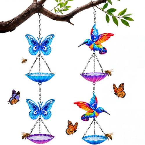 Tandefio 2 Pack Hanging Bee Watering Station, Butterfly Feeder, Flower Shaped Bowl Bee Metal Cups for Outdoor Garden Yard Decor, Pollinator Feeding Station 19.6 Inch (Butterfly & Hummingbird Style) - style: Butterfly & Hummingbird Style