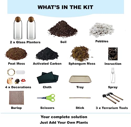 DIY Terrarium Kit with Closed Glass Bottle Container Planter with Lid (Ball Cork) | 2 Jars | Airtight Terrarium | Create Your Own Indoor Garden (No Live Plants) - style: Terrarium Kit + 2 Jars