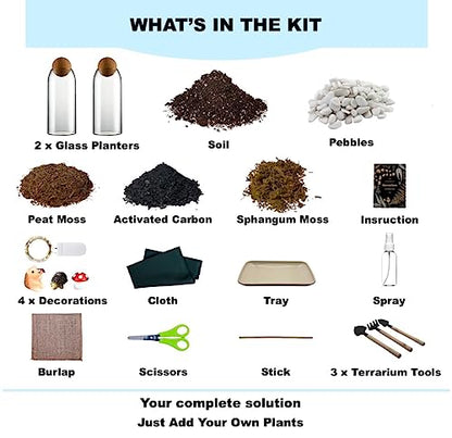 DIY Terrarium Kit with Closed Glass Bottle Container Planter with Lid (Ball Cork) | 2 Jars | Airtight Terrarium | Create Your Own Indoor Garden (No Live Plants) - style: Terrarium Kit + 2 Jars