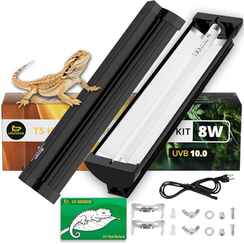 T5 UVB Reptile Light Fixture Combo Kit 8W: 10.0 HO UVB Light for Reptiles Terrarium Hood Comes with UVB Lamp, 12'' Linear UVB Light Bar for Desert Bearded Dragon,Turtle,Gecko - UV Sensor Test Card - size: 12.4INCH-10.0