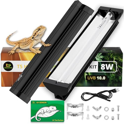 T5 UVB Reptile Light Fixture Combo Kit 8W: 10.0 HO UVB Light for Reptiles Terrarium Hood Comes with UVB Lamp, 12'' Linear UVB Light Bar for Desert Bearded Dragon,Turtle,Gecko - UV Sensor Test Card - size: 12.4INCH-10.0