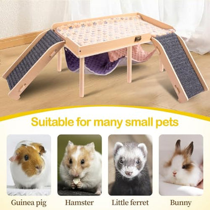 BESNEW Enlarged Guinea Pig Hammock with Platform and Stairs,Wooden Foldable Piggies Hideout for Guinea Pigs Bunny Ferret Hamster Hiding Sleeping Activities 24L x 12W x 11H in（Double） - style: Hammock with 2 ramps
