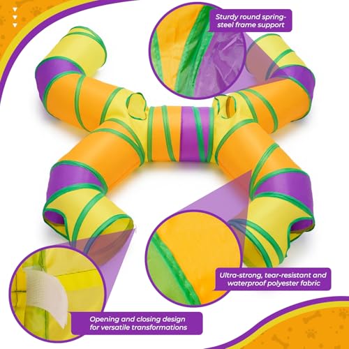 Cat Tunnel for Indoor Cats Large, Collapsible Cat Playhouse Pet Play Tunnel Tube Maze with Hanging Pom-Poms and Interactive Holes for Kitten, Kitty, Puppy, Rabbits, Ferret, Guinea Pig