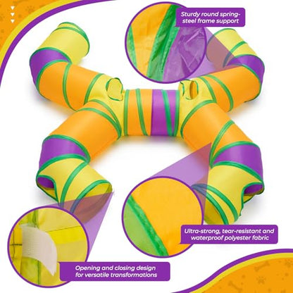 Cat Tunnel for Indoor Cats Large, Collapsible Cat Playhouse Pet Play Tunnel Tube Maze with Hanging Pom-Poms and Interactive Holes for Kitten, Kitty, Puppy, Rabbits, Ferret, Guinea Pig