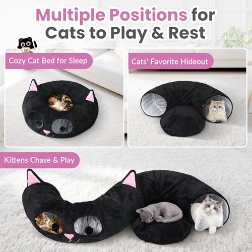 Baseola Fuzzy Cat Tunnel Bed for Indoor Cats, 2-in-1 Interactive Cat Toys | Peekaboo Cat Cave with Washable Mat, Collapsible Cat Play Tunnel for Kittens & Small Pets, Cat Donut Bed Tunnel, Black Pink - color: Black Pink