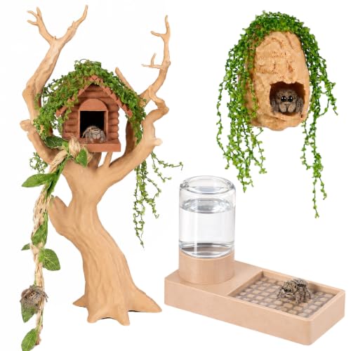 Jumping Spider Enclosure Accessories Kit Water Dispenser Magnetic Tree Trunk Hide with Artificial Moss Tree House Climbing Rope Spider Habitat Decor for Jumping Spider Terrarium Reptile Tank