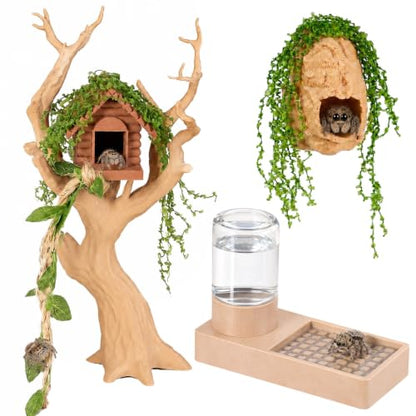 Jumping Spider Enclosure Accessories Kit Water Dispenser Magnetic Tree Trunk Hide with Artificial Moss Tree House Climbing Rope Spider Habitat Decor for Jumping Spider Terrarium Reptile Tank