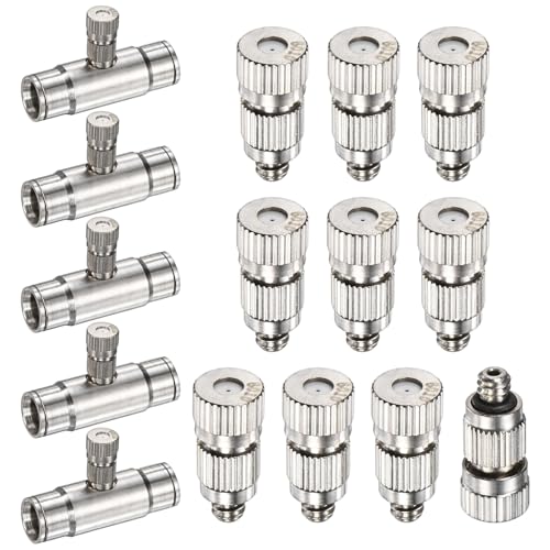 M METERXITY 20-Pack Brass Misting Nozzle Tee Kit, 0.6mm Orifice Dia. High Pressure Spray Misting Nozzle Head, Slip Connectors for 3/8 Inch Drip Irrigation Tubing Kit Outdoor [3/16" Threaded] - size: 0.6mm