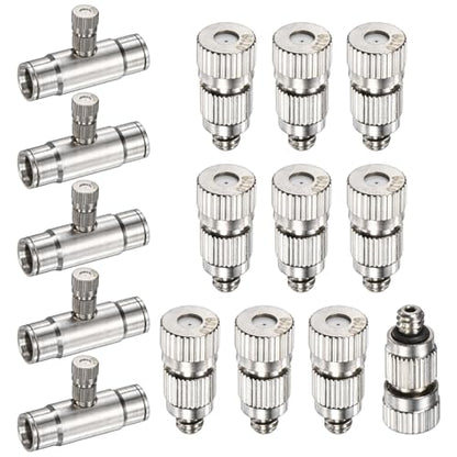 M METERXITY 20-Pack Brass Misting Nozzle Tee Kit, 0.6mm Orifice Dia. High Pressure Spray Misting Nozzle Head, Slip Connectors for 3/8 Inch Drip Irrigation Tubing Kit Outdoor [3/16" Threaded] - size: 0.6mm