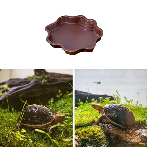 Reptile Water Bowl with Ramp, 11.81 x 5.91 x 2.20 in Terrarium Bathing Pool for Small Turtles, Tortoises, Geckos and Lizards, Deep Brown - color: Deep brown