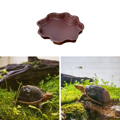 Reptile Water Bowl with Ramp, 11.81 x 5.91 x 2.20 in Terrarium Bathing Pool for Small Turtles, Tortoises, Geckos and Lizards, Deep Brown - color: Deep brown