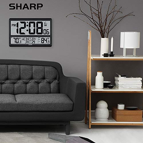 Sharp Atomic Clock with 4-Inch Display, Outdoor Sensor, Battery Powered | 4-inch numbers; Self-setting atomic time; Indoor/outdoor temperature; Wireless sensor; Battery powered; Easy setup