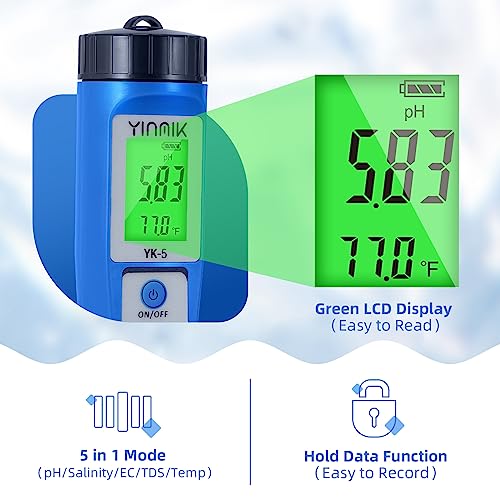 pH Salt Meter 5 in 1 pH TDS EC Salinity Tester for Pool Spa Aquarium | Swimming Pool Salinity Meter for Hydroponic Household Drinking Water Hot Tub Home Brewing Fish Tank… - color: 5 IN 1 Blue Color