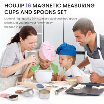 HOUJIP Magnetic Measuring Cups and Spoons Set-304 Stainless Steel,Colors | Double Measurement Markings,BPA-Free,Set of 16 with Leveler for Measuring Dry and Liquid Ingredients - color: Color