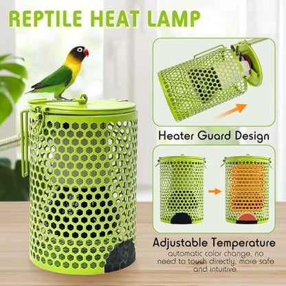 Hamiledyi Ceramic Heat Lamp Bulb with Lampshade,Reptile Heat Lamp Guard 100W Bird Cage Heater Adjustable Temperature Anti-Scald Heating Bulb No Light Emitter for Reptile,Bearded - color: Green