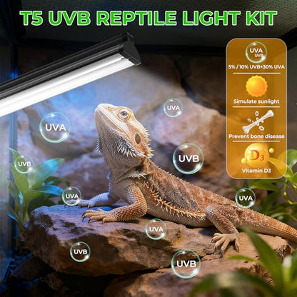 22’’ 24W T5 UVB Reptile Light Combo Kit Switchable UVB 5.0, 10.0 | for Tropical & Desert Reptiles, Reptile Lamp Terrarium Hood UVB Light for Bearded Dragon, Lizards, Snake, Chameleon, Turtle