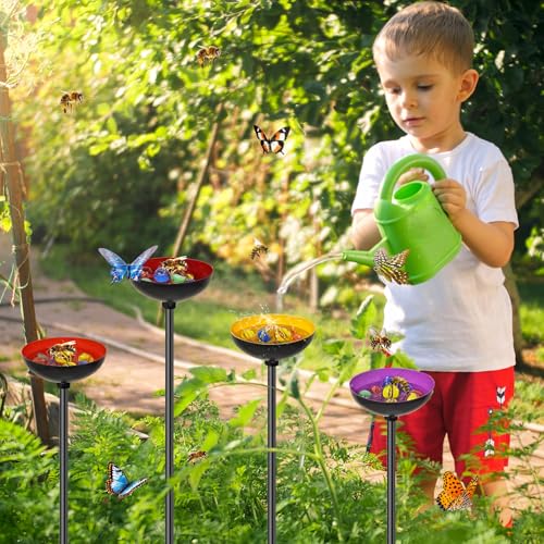 4 Pack Metal Bee Butterfly Watering Station for Garden | With Glass Marbles, Ellipse Design,Bee Butterfly Feeder for Outdoor Yard Patio Decor,Yellow Purple Red Orange - style: 4pcs Yellow Purple Red Orange