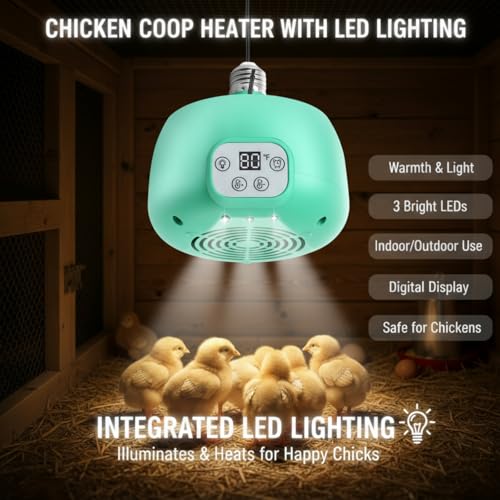 Enhon 2 Sets Chicken Coop Heater, Timing Heat Lamp for Chickens, Smart Temperature Control Chicken Brooder Heater Greenhouse Warmer, 5 Ft Ultra Long Cable Reptile Heating Lamp for Chicks Duck Dog Cat