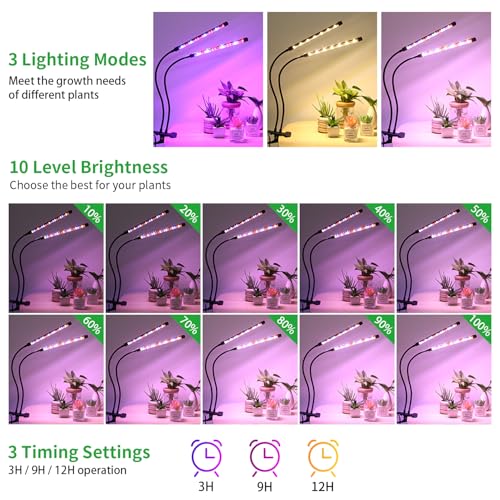 2 Head 2 Pack LED Plant Grow Light with Flexible Gooseneck, Suitable for Indoor Plants, Full Spectrum Clip on Plant Growing Light with Red, Blue, Yellow Beads, 10 Brightness Levels, 3/9/12H Auto Timer - size: Red+Blue+Yellow-2Head 2Pack