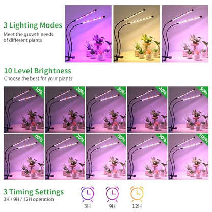 2 Head 2 Pack LED Plant Grow Light with Flexible Gooseneck, Suitable for Indoor Plants, Full Spectrum Clip on Plant Growing Light with Red, Blue, Yellow Beads, 10 Brightness Levels, 3/9/12H Auto Timer - size: Red+Blue+Yellow-2Head 2Pack