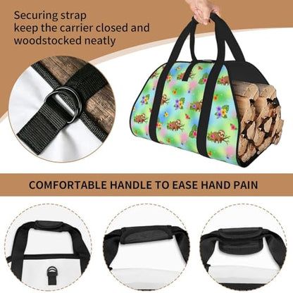 AMRANDOM Firewood Bag Carrier, Sloth Spring Flowers Log Tote Wood Carrying Bag With Handles for Camping Trip Christmas - color: Color1023