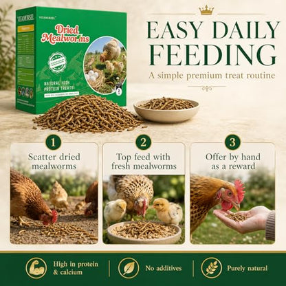 2LB Dried Mealworms +2 Preserved Worm Packs for Chickens & Birds | High-protein treat for chickens, ducks, wild birds, reptiles, turtles & fish