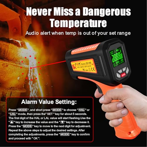 -58°F ~3272°F FKM Infrared Thermometer High Temperature Gun 50:1 Ratio | Digital IR Temp Gun,High Precision-Laser Thermometer Gun for Cooking,Kilns,Forges,Engine,HVAC,Industrial and Home Repair - color: Orange
