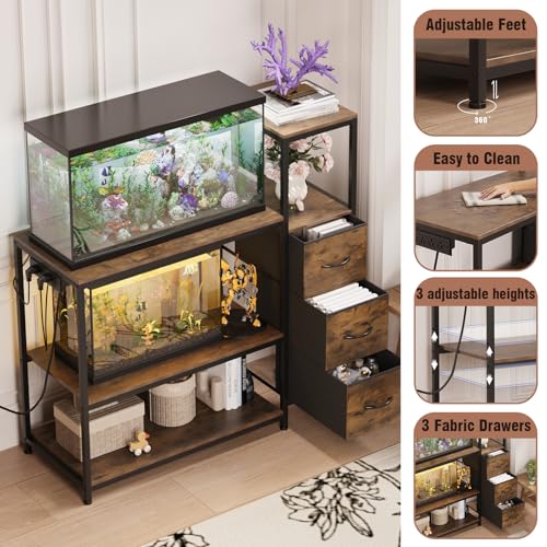 20 Gallon Aquarium Stand with Drawers & Power Outlet, Brown | Fits 20 Gallon Tanks; Reptile Tank Stand; 3-Tier Storage Shelves; Adjustable Height; Heavy-Duty Metal Frame - color: Brown