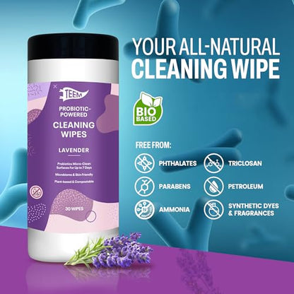 TEEM Probiotic Cleaning Wipes, Natural & Compostable, Lavender - 30 Count | Microcleans Surfaces, Multi Surface Wipe, Home Compostable, Biodegradable, Enzyme Cleaner, Gym Wipe - size: 30 Count (Pack of 1)