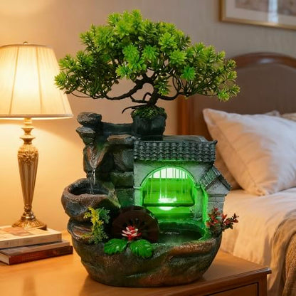 11in Desk Decor Rock Tabletop Water Fountain Indoor Waterfall Gift | Desktop Decoration Feature Humidifier with Pump a& LED Light, Home Office Bedroom Relaxing (No Atomizer)