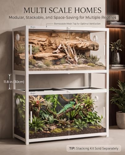 120 Gallon Reptile Tank, 4x2x2 Reptile Enclosure Front Sliding Door | Stackable ventilation 120 Gallon Bearded Dragon Tank anti-escape locks and no-fingerprint handles maximizes UVB transmissionn - color: White, size: 120 Gallon