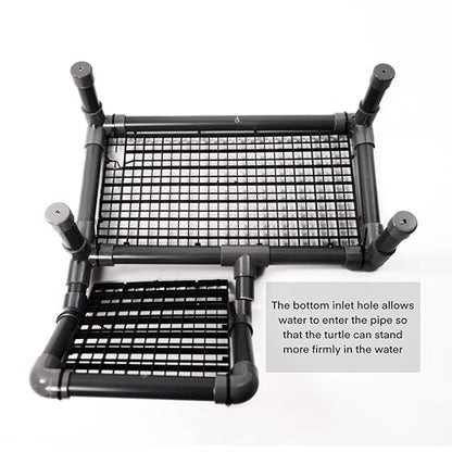 Standing Turtle Basking Platform, Plastic Short Legs Turtle Floating Platform for Low Water Level Tank, 14" Width Resting Area, Docks for Basking with DIY PVC Pipes, Ramp for Reptile Frog Terrapin