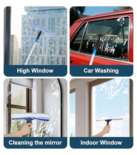 Window Cleaning Kit, Swivel Squeegee & Scrubber with Extension Poles, Foldable Bucket, Blendable Duster, 2 Scrubber Pads & Cleaning Cloth, Glass Scraper Cleaning Tool Kit for Window Glass Mirror Car - color: Silver-13pcs