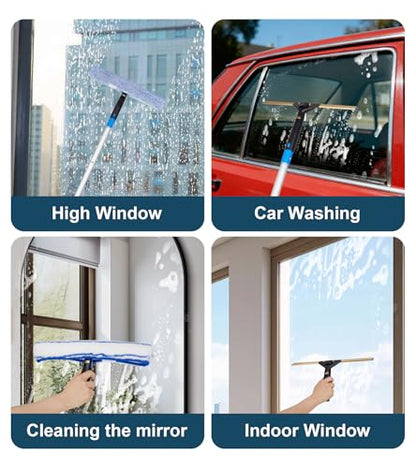 Window Cleaning Kit, Swivel Squeegee & Scrubber with Extension Poles, Foldable Bucket, Blendable Duster, 2 Scrubber Pads & Cleaning Cloth, Glass Scraper Cleaning Tool Kit for Window Glass Mirror Car - color: Silver-13pcs