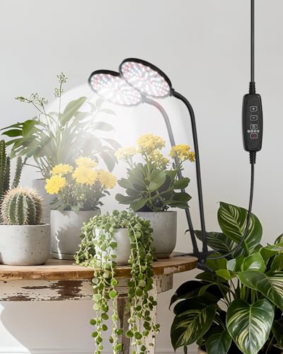 Grow Lights for Indoor Plants Full Spectrum, Clip On Plant Light with Timer 4/8/12/18H, Adjustable Gooseneck, 5 Dimming Levels, LED Grow Lamp for Houseplants - size: 3.6-inch Dual Head