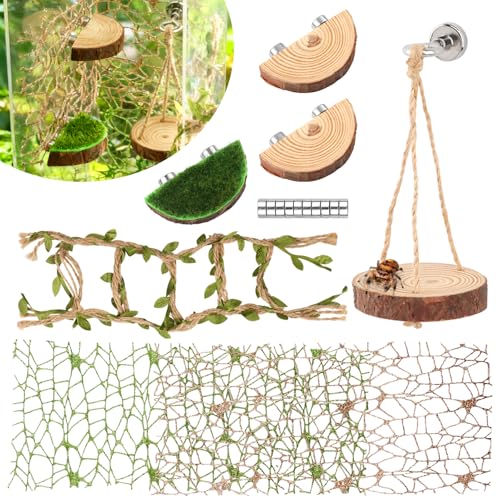 Jumping Spider Habitat Decor Set, 7-Piece Enclosure Climbing Kit | Includes 2 glitter webs, 3 wood platforms, 1 swing, and 1 rope bridge for climbing, resting, and styling enclosures