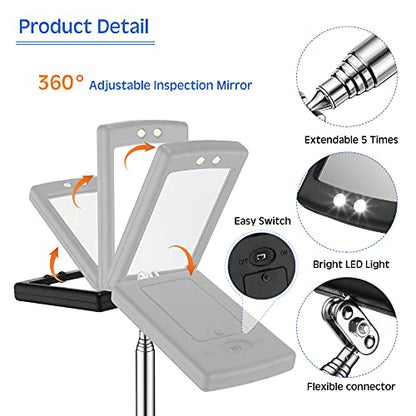 Frienda 2 Pcs LED Telescoping Inspection Mirror, Flexible Round Mirror Tool | Extendable Handle, Lighted Mirror Head, Flexible Neck, Auto Mechanic, Hard-to-Reach Area Inspection