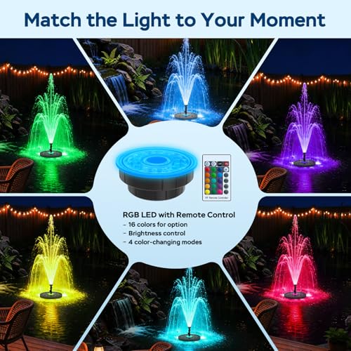 Floating Pond Fountain Pump with Lights | Remote Control RGB LED | 880GPH Pond Fountain Aerator | Floating Fountain with 3 Spray Patterns | for Ponds, Pool, Water Garden - size: For Ponds up to 8000 Gallon