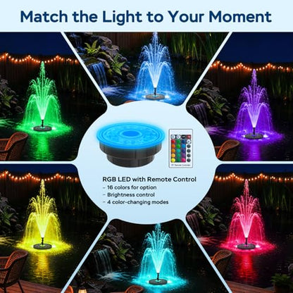 Floating Pond Fountain Pump with Lights | Remote Control RGB LED | 660GPH Pond Fountain Aerator | Floating Fountain with 3 Spray Patterns | for Ponds, Pool, Water Garden - size: For Ponds up to 6000 Gallon