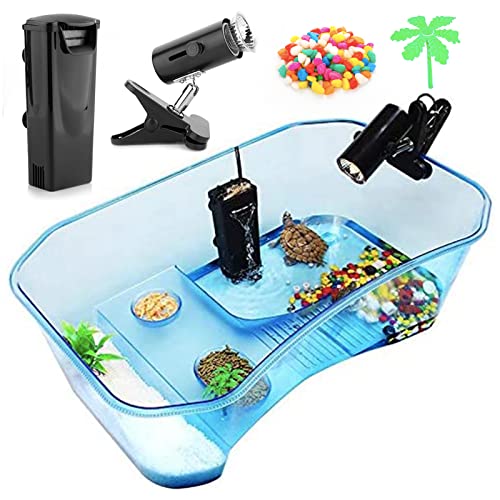 Turtle Tank with Multi-Function Areas, Easy Assembly, Ideal for Small Turtles & Reptiles, Includes Plastic Tree & Fishing Net | Quiet Water Pump, Light, Multi-Function Areas, Easy Assembly - color: blue+pump light