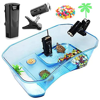 Turtle Tank with Multi-Function Areas, Easy Assembly, Ideal for Small Turtles & Reptiles, Includes Plastic Tree & Fishing Net | Quiet Water Pump, Light, Multi-Function Areas, Easy Assembly