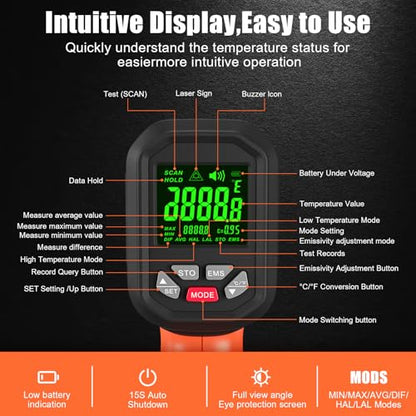 -58°F ~3272°F FKM Infrared Thermometer High Temperature Gun 50:1 Ratio | Digital IR Temp Gun,High Precision-Laser Thermometer Gun for Cooking,Kilns,Forges,Engine,HVAC,Industrial and Home Repair - color: Orange