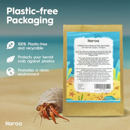 Naroa Natural Hermit Crab Sponges - Pack of 5 | Unbleached Sea Sponge for Water Drinking Safety | Aquarium Decor Balance Tank Humidity | Crab Supplies Accessories