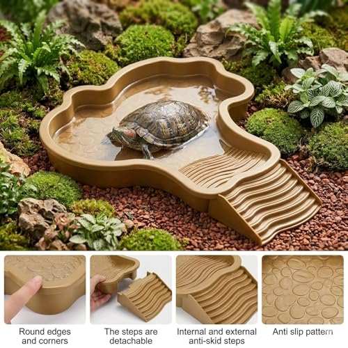 Large Turtle Water Bowl, Reptile Bathing Pool Tortoise Water Dish Bearded | Dragon Water Fountain Non-Slip Reptile Food Dish for Tortoise Gecko Lizard Snake Terrarium Habitat (Brown) - color: Brown