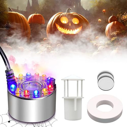 Halloween Mist Maker, Halloween LED Ultrasonic Mister Fogger with Light Witch Cauldron Diffuser Fog Machine Atomizer Bowl Terrarium High Output Humidifier Water Vaporizer with Splash Guard Float Disc