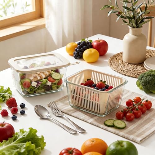 Glass Food Storage Containers with Glass Lids, Microwave Safe Food Container Set, Aitight Meal Prep Container Set, BPA Free, 2 extra Colanders, LeakProof, 2 Pack of 60oz - color: Ivory White- 2RT