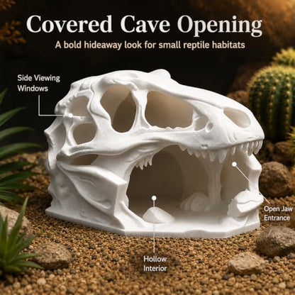 3D Printed Reptile Hide Skull Cave, T Rex Head Terrarium Decor for Leopard Gecko Juvenile Corn Snake Lizard Habitat, White Accent for Small Pets, 3.94 in