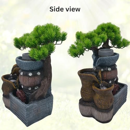 14.5-Inch Tabletop Water Fountain with Bonsai Tree, 3 Cascading Pots, Elegant 3-Tier Rock Garden, Serene Meditation Gift with Waterfall Sounds for Home/Office