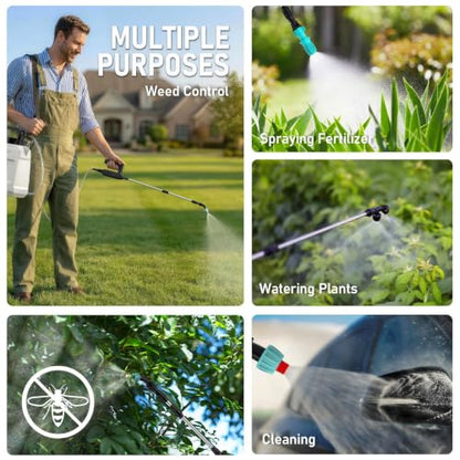 DEGGE Battery Powered Sprayer 2 Gallon, 7.4V Powerful Electric Pump Sprayer | Weed Killer Sprayers with Rechargeable Handle & 5 Mist Nozzles & Retractable Wand & Adjustable Strap for Lawn, Garden, Yard - color: White