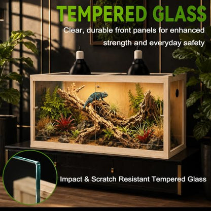 120 Gallon Reptile Tank with Leg Stand, Bearded Dragon Tank, 4x2x2 Reptile Enclosure with Clear Tempered Glass Side Panels, Front Sliding Doors and Ventilated Mesh Roof, Oak - color: Oak